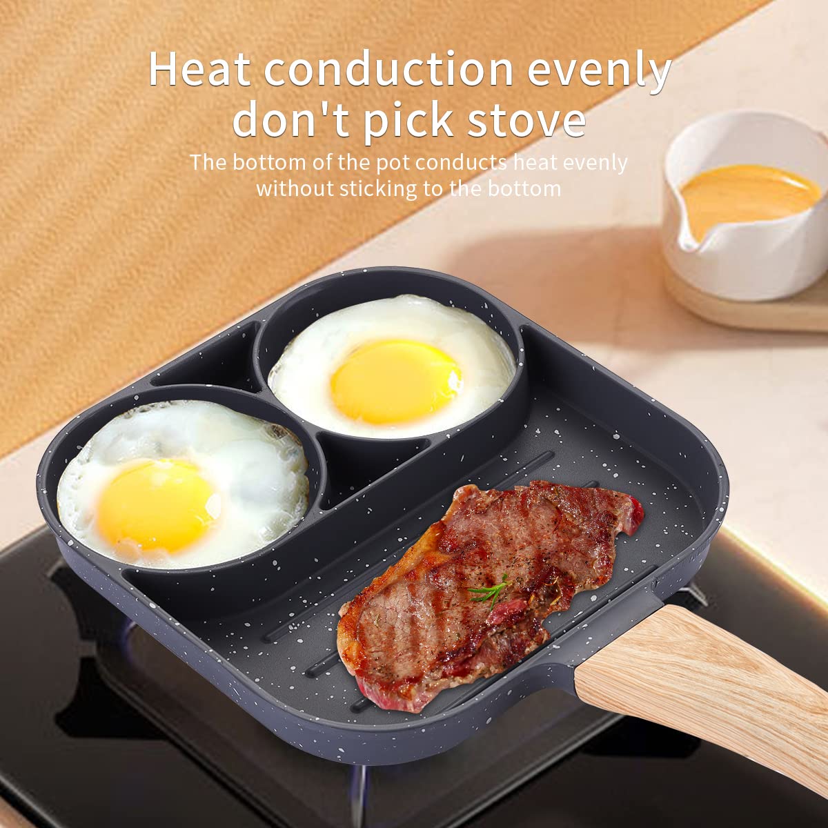 3 Section Anti Sticking Frying Pan, 3 in1 Divided Grill Pan for Cooking  Omelets, Burgers, Bacon, Pancakes, Suitable for Gas Stove and Induction  Stove