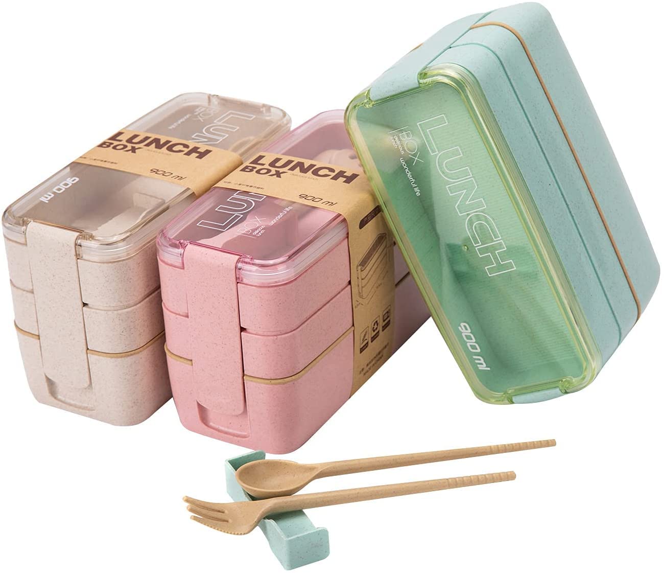 3 Layers Wheat Straw Lunch Box Containers, Leak Proof Bento Box