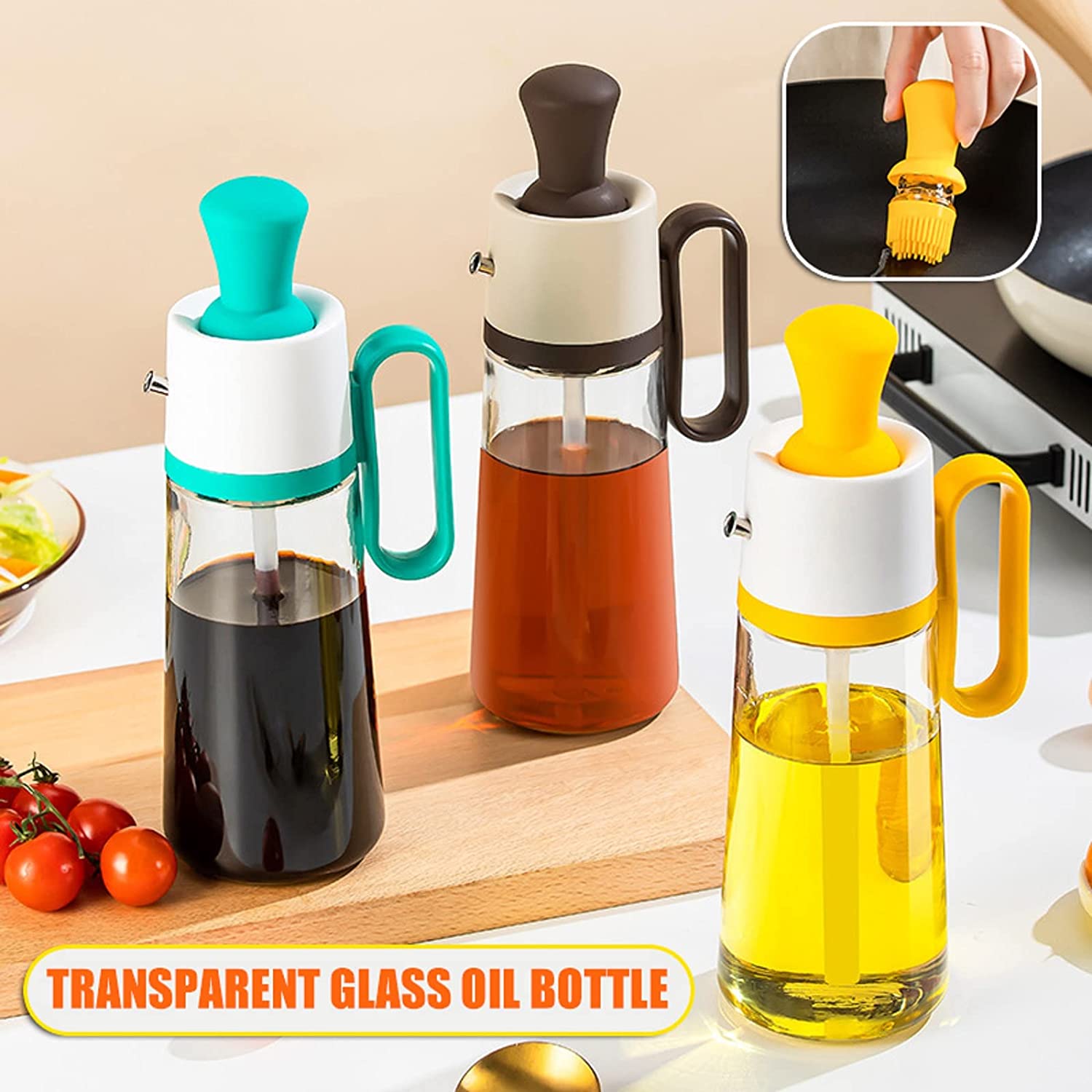 Glass Olive Oil Bottle With Brush For Kitchen 2 In 1 Silicone